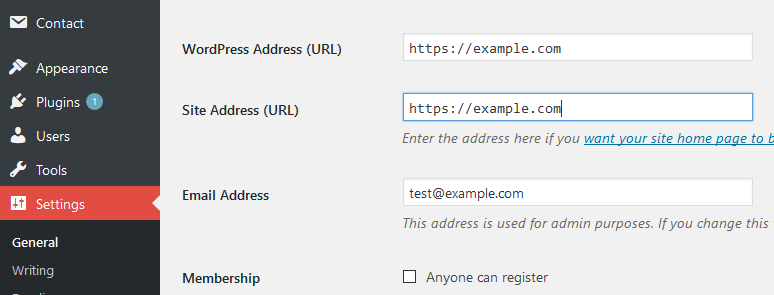wordpress settings url