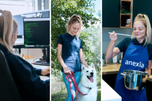 Woman on the computer, with a dog and cooking in the kitchen 